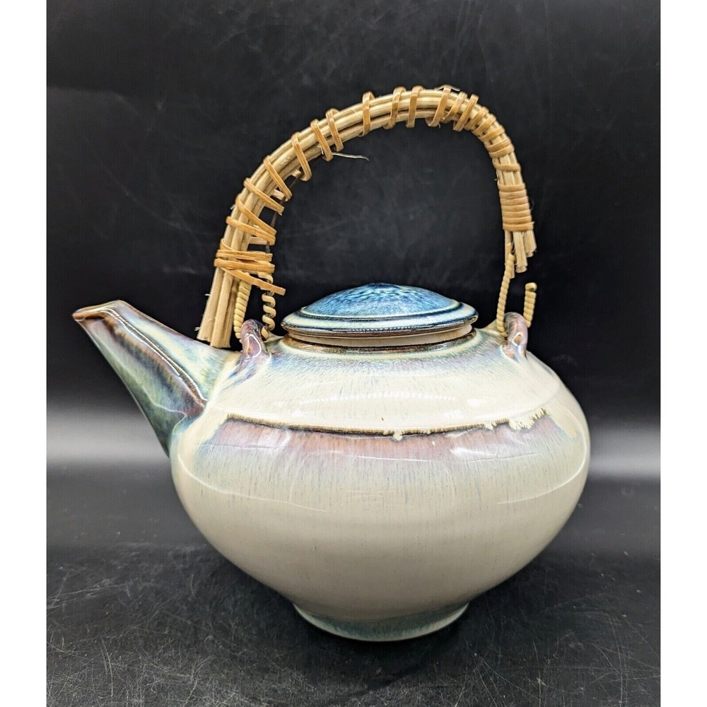 Bill Campbell Art Pottery Tea Pot Bamboo Handle 6 cup Blues Beige Unsigned